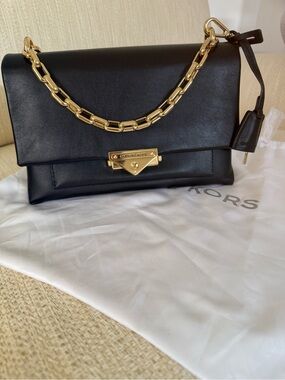 Michael Kors Black Leather Shoulder Bag with Gold Chain